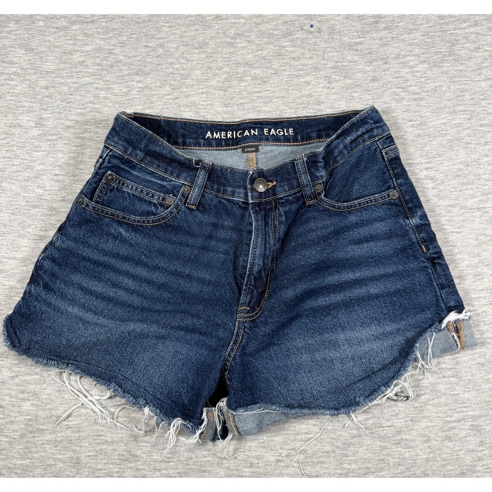 American Eagle 90s Boyfriend Shorts‎ Womens 6 Blue Denim High Rise Frayed Hem